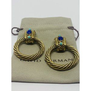 David Yurman Renaissance Lapis Turquoise 14k 7mm Cable Door Knocker Earrings 585